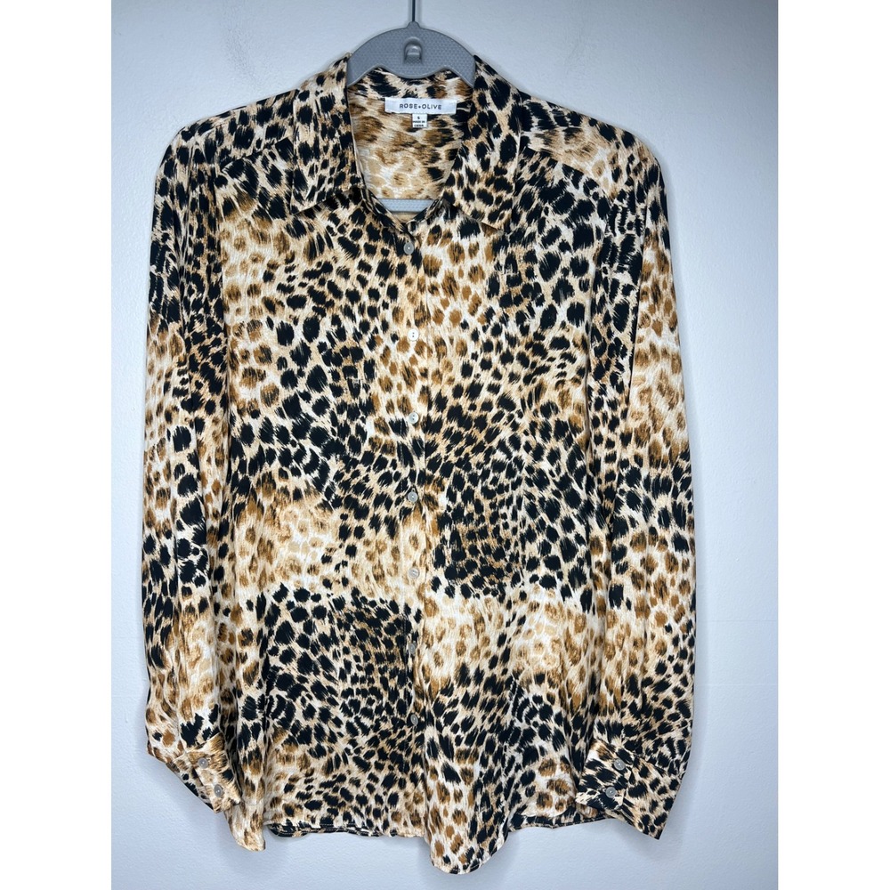 Rose+Olive Leopard Print Button Down Shirt Brown Black Long Sleeve Women's S Mob